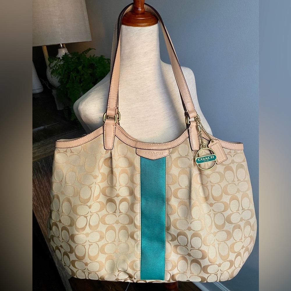 Coach Signature Devin Emerald Canvas Stripe Shoulder Bag